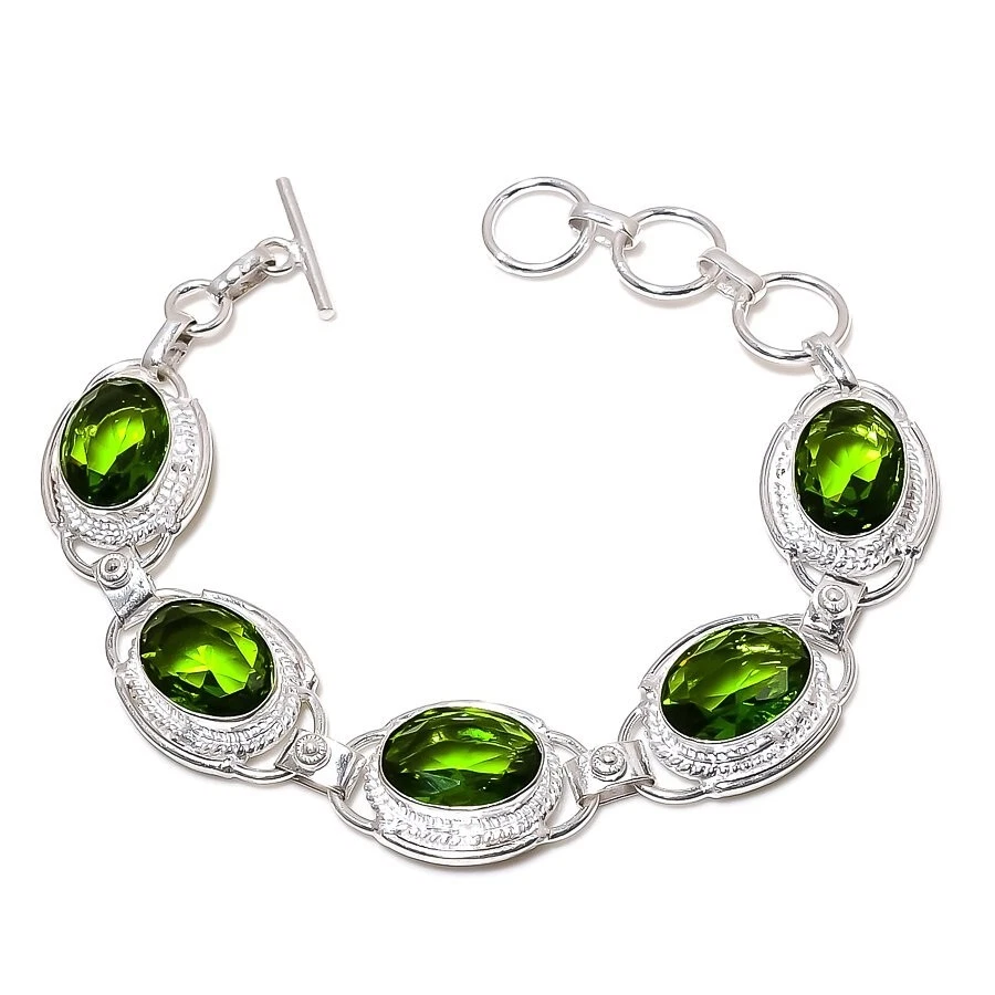 Green Peridot Gemstone Handmade 925 Sterling Silver Jewelry Bracelet Size 7-8" - Image 1 of 1