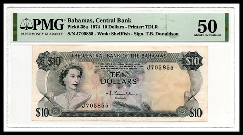Bahamas AU Note 10 Dollars 1974 P-38a PMG 50 About Uncirculated Cover