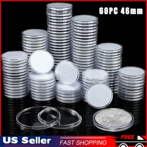 Clear Coin Storage Box Round Plastic Case Capsules Container Holder 60PC 46mm - Picture 1 of 4