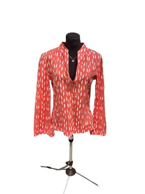 TORY BURCH Women’s Blouse Top Coral White Print Sequins 100% Cotton V Neck Sz 4 - Image 1 of 4