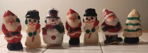 Weihnachten Vintage Weihnachtsmann, Schneemänner und ein Baum Feiertag Kerzen 7er Set Neu - Bild 1 von 4