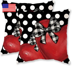 Valentine Pillow Covers 18X18 Inch Set of 2 Buffalo Plaid Polka Dots Red Heart P - Picture 1 of 6
