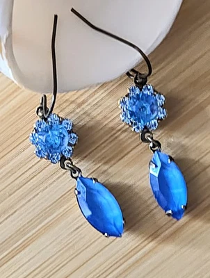 Victorian Twilight Blue Swarovski Elements Flower Crystals In Brass  Earrings - Image 1 of 4