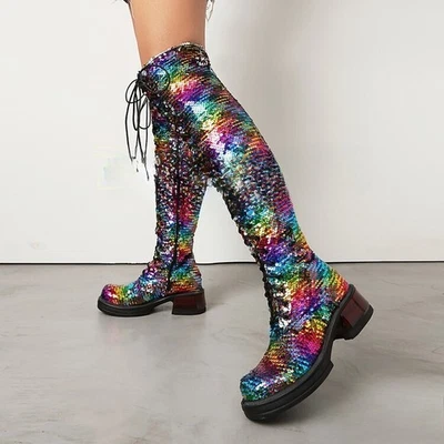 Women's Over The Knee High Sequins Glitter Boots Platform Low Heel Performance - Image 1 of 4