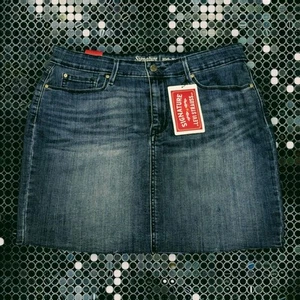 LEVI STRAUSS High Rise Denim Blue Jean MINI Skirt STRETCH Raw Hem Women's Sz 14 - Picture 1 of 12