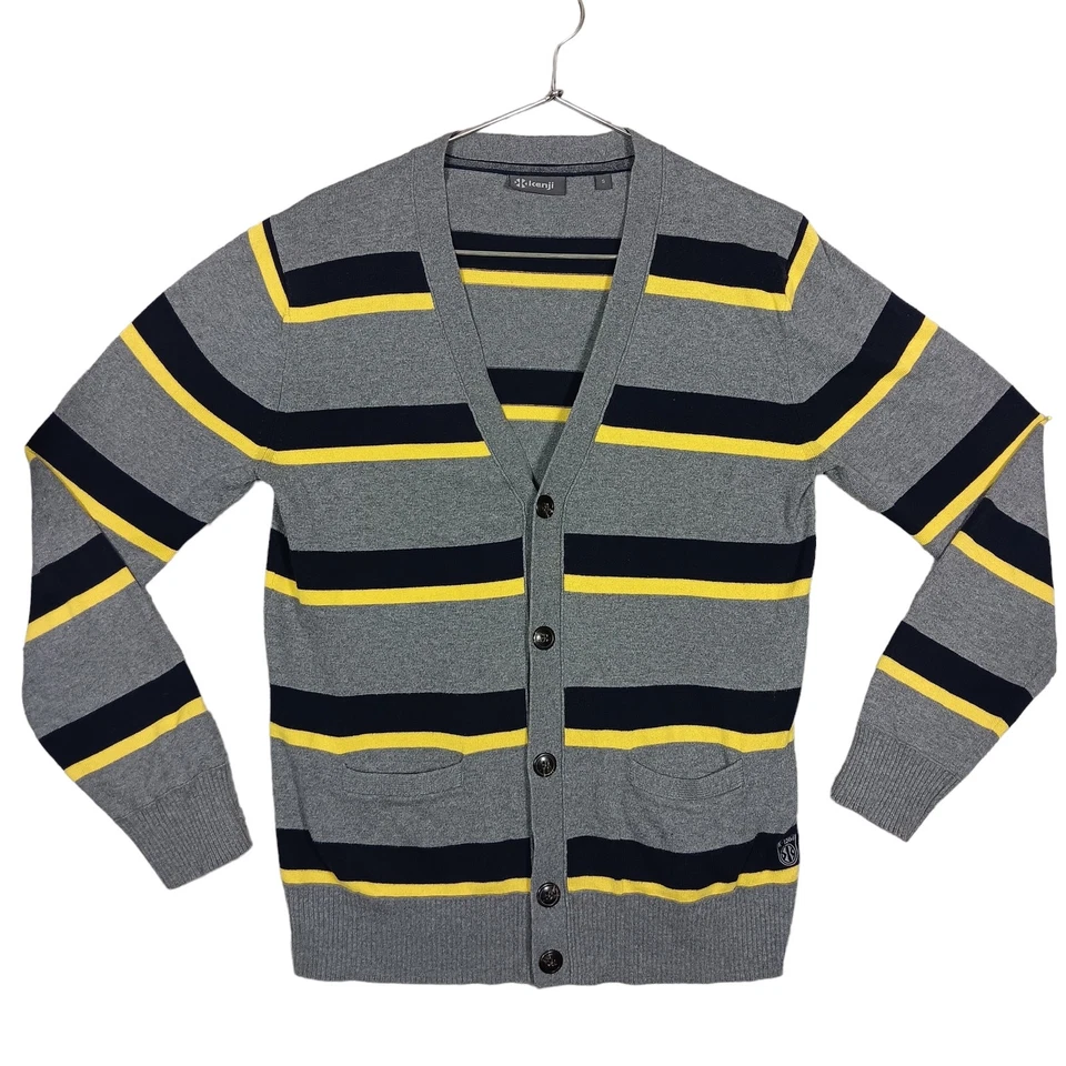 Kenji Cardigan Sweater Size Small Gray Blue and Yellow Stripes Button Down - Image 1 of 4