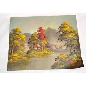 Vintage Ölgemälde Herbst Landschaft, Landhaus, See, Berge 15x113/4 cm - Bild 1 von 3