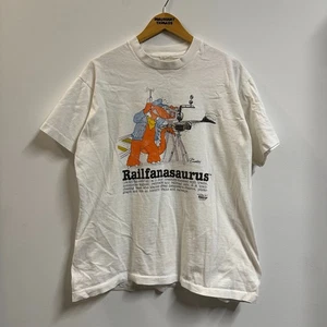 Vintage Railfanasaurus Train T Shirt Saurus Gang Dinosaur Art Tee Large - Picture 1 of 5