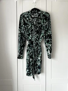 KAREN MILLEN Green Snake Print Mini Shirt Dress UK14 Belted Collared Button Up - Picture 1 of 10