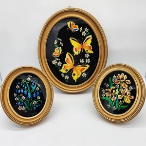 Vintage Lametta Folienbilder Schmetterling und Blumen Volkskunst Goldrahmen 3er Set - Bild 1 von 14