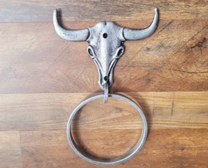 Longhorn Hand Towel Wrought Iron Ring, Ranch, Cabin Bathroom decor, hanger, hook - Picture 1 of 4