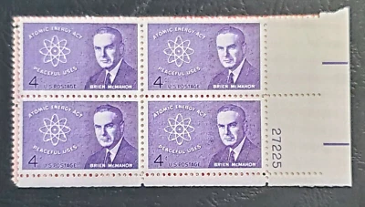 US 1962 STAMP BRIEN MCMAHON ATOMIC ENERGY PLATE BLOCK OF 4 4C SCOT #1200 XF MNH - Image 1 of 2
