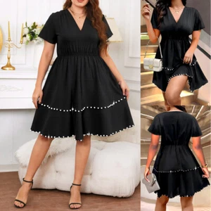 Plus Size Women V Neck Solid Mini Dress Summer Cocktail Party A-Line Swing Dress - Picture 1 of 15