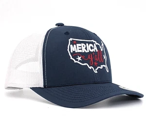 Patriotic MERICA y'all Embroidery Blue White YUPOONG Trucker Snapback Cap NEW - Picture 1 of 10