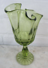 Vtg Fenton Art Glass Colonial Green Thumbprint Handkerchief Footed Swung Vase