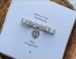 Personalised Handmade Christening Card - Cross Heart Charm - Picture 1 of 1