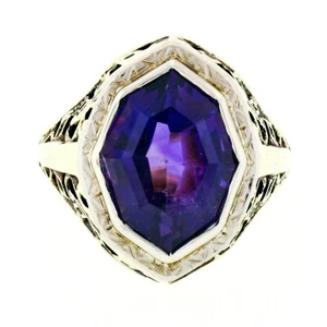 Antique Art Deco 14k Gold Custom Marquise Cut Bezel Set Amethyst Solitaire Ring - Picture 1 of 9