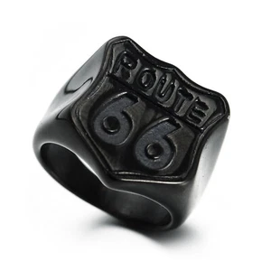 Black Biker Ring Route 66 Symbol Ring Stainless Steel Gothic Cocktail Pinky Ring - Picture 1 of 4