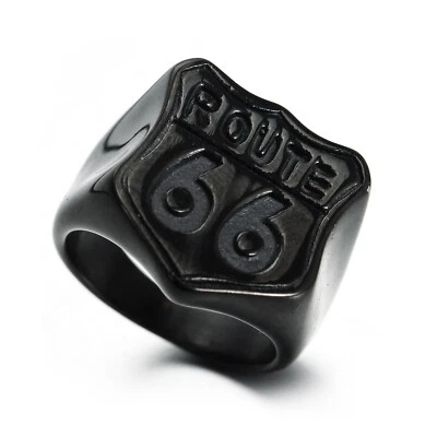 Black Biker Ring Route 66 Symbol Ring Stainless Steel Gothic Cocktail Pinky Ring - Image 1 of 4