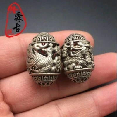China Tíbet Plata Tallado Dragón Fénix Cuentas Estatua Colgante Colección Regalo Foto 1 de 4