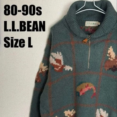 L.L.Bean Animal Pattern Half Zip Knit Sweater Green Size L Men’s Pullover Used - Image 1 of 4
