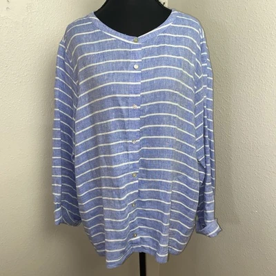 C&C California Women's XL Blouse Blue & White Striped Casual Breathable Linen - Image 1 of 4