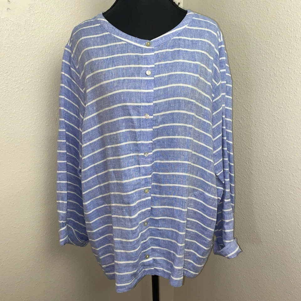 C&C California Women's XL Blouse Blue & White Striped Casual Breathable Linen - Image 1 of 4