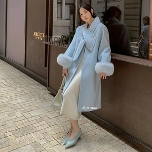 Mujeres Puño de piel de zorro real Puño largo 100 % lana Abrigo Bufanda Invierno Prendas exteriores Damas - Imagen 1 de 26