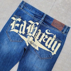Vintage Y2K Ed Hardy Back Pocket Bolt Spellout Straight Leg Denim Jeans 33x32 - Picture 1 of 24