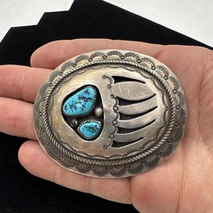 WILBERT MUSKETT Western Navajo Indian Turquoise Sterling Bear Paw Belt Buckle - Picture 1 of 9