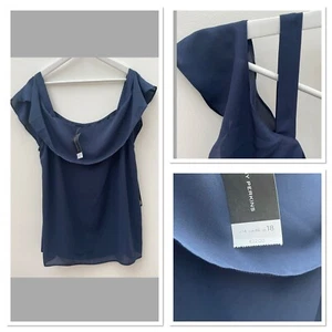 NUEVA DOROTHY PERKINS Blusa Azul Marino Talla 18 Volantes Top Elegante Hombro Descubierto - Imagen 1 de 6