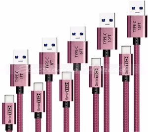 [5 PACK] - (1FT+3FT+6FT+10FT+15FT) USB Type-C Nylon Braided Charging Cable  - Picture 1 of 8