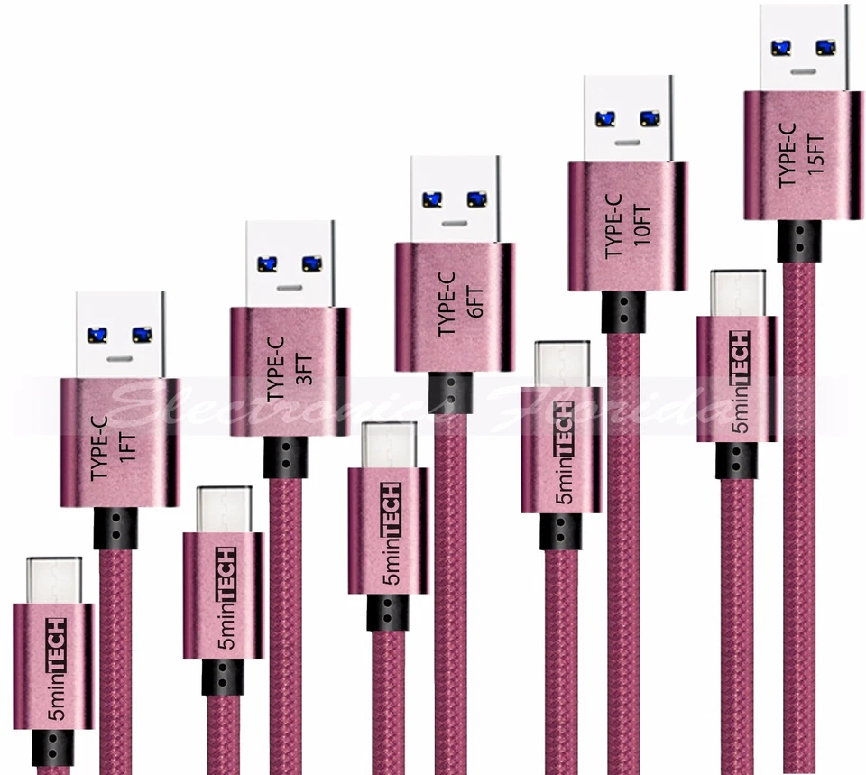 [5 PACK] - (1FT+3FT+6FT+10FT+15FT) USB Type-C Nylon Braided Charging Cable  - Image 1 of 1