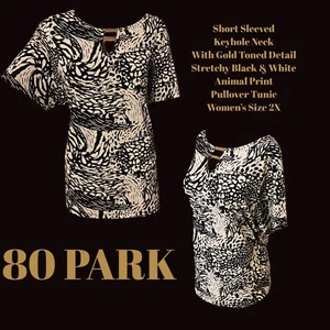 80 Park Kurzarm Schlüssellochausschnitt mit goldenen Details schwarz/weiß Tiermotiv Damen 2X - Bild 1 von 12
