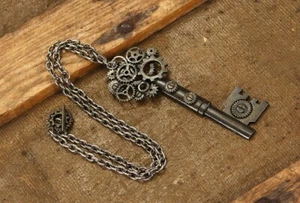 Steampunk Necklace Skeleton Key W/ Gear Design Metal Costume Jewelry - Picture 1 of 1