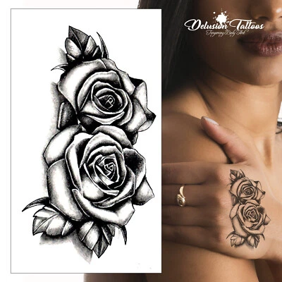 DELUSION TATTOOS Zwillingsrosen Temporäres Tattoo - Schwarz Schattierung 3D Wasserdicht Klein Damen Herren Kinder