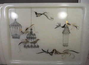 MCM-Retro-Look Snack Trays 5 qty Fiberglass 16" x 12" Ivory, Black & Gold Design - Picture 1 of 7