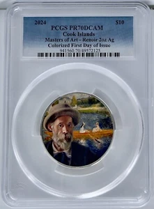 2024 Isole Cook 2 oz argento Masters of Art Auguste Renoir PCGS PR70DCAM FDOI - Foto 1 di 3
