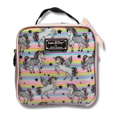 Betsey Johnson Lunch Box Tote Insulated Rainbow Unicorn Pink Platic 8"x8"x6" - Image 1 of 4