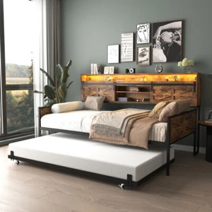 Twin Daybed with Trundle, Farmhouse Daybed Frame w/Sliding Barn Door Headboard - Picture 1 of 11