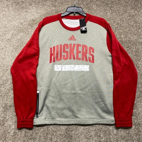 Nebraska Huskers Sweatshirt Mens Medium Gray Crewneck Pullover Sweater Adidas Cover