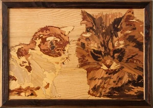 Mosaik Holzplatte mit Intarsien Portrait Katze und Kätzchen fertig zum - Bild 1 von 13
