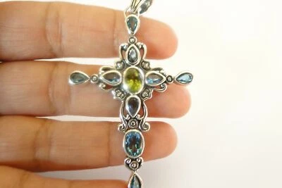 Blue Topaz Green Peridot Cross 925 Sterling Silver Pendant - Image 1 of 4