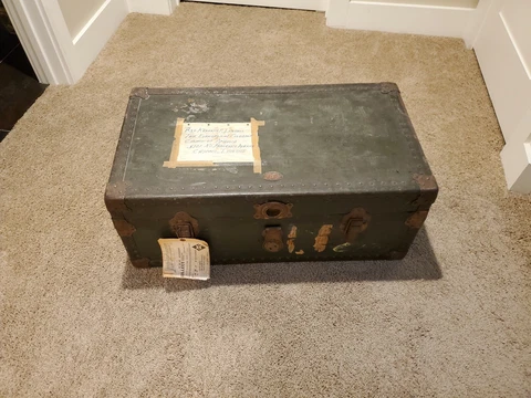 Vintage Antique coffee end table luggage Trunk Chest Furniture WW II Collectable Cover