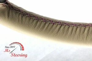 FOR FORD F-350 17-19 BEIGE LEATHER STEERING WHEEL COVER PURPLE STIT - Picture 1 of 6
