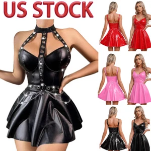 Womens Punk Leather Steampunk Corset Skater Dress Gothic Metal Skirt Clubwear - Picture 1 of 55