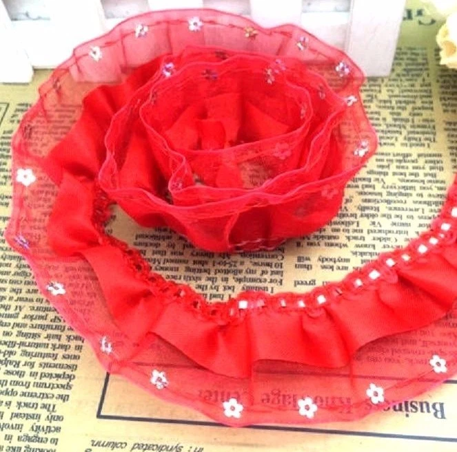 DENTELLE PLISSÉE 3 rangs / ROUGE * 4 cm * GALON SATIN FRONCÉ Voile Sequin - DF03 - Photo 1/1