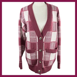 Burgundy Vigoss Plaid Cardigan Sweater Women's Size L Knit Button Front Pockets - Picture 1 of 9