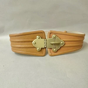 BCBGMAXAZRIA hellbraun Leder Drehverschluss breiter Statement Gürtel goldene Schnalle klein - Bild 1 von 19