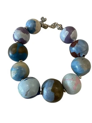 Pulsera Hecha a Mano con Cuentas Multicolor Pintado Cerámica Cuentas y Dije Grueso Artístico Foto 1 de 4